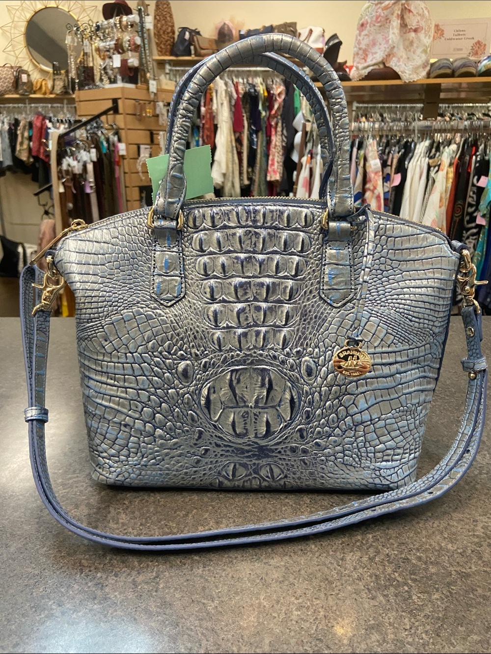 Brahmin Croc-Embossed Satchel Handbag in Light Blue w/Matching Wallet